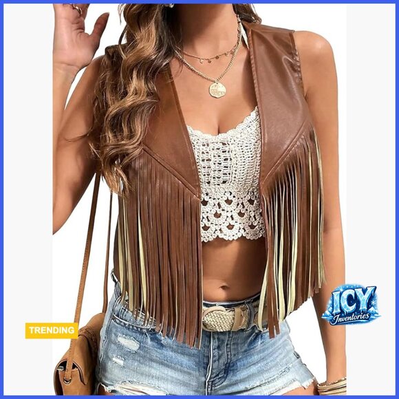 Jackets & Blazers - Women's PU Leather Fringe Vest Sleeveless Open Front Tassel Waistcoat